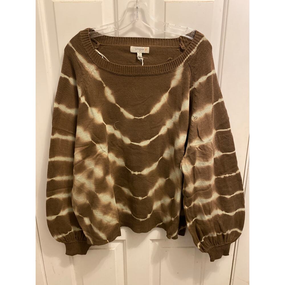 Brand New Umgee USA Women's Size 1X Plus Brown White Tie Dye Sweater Top